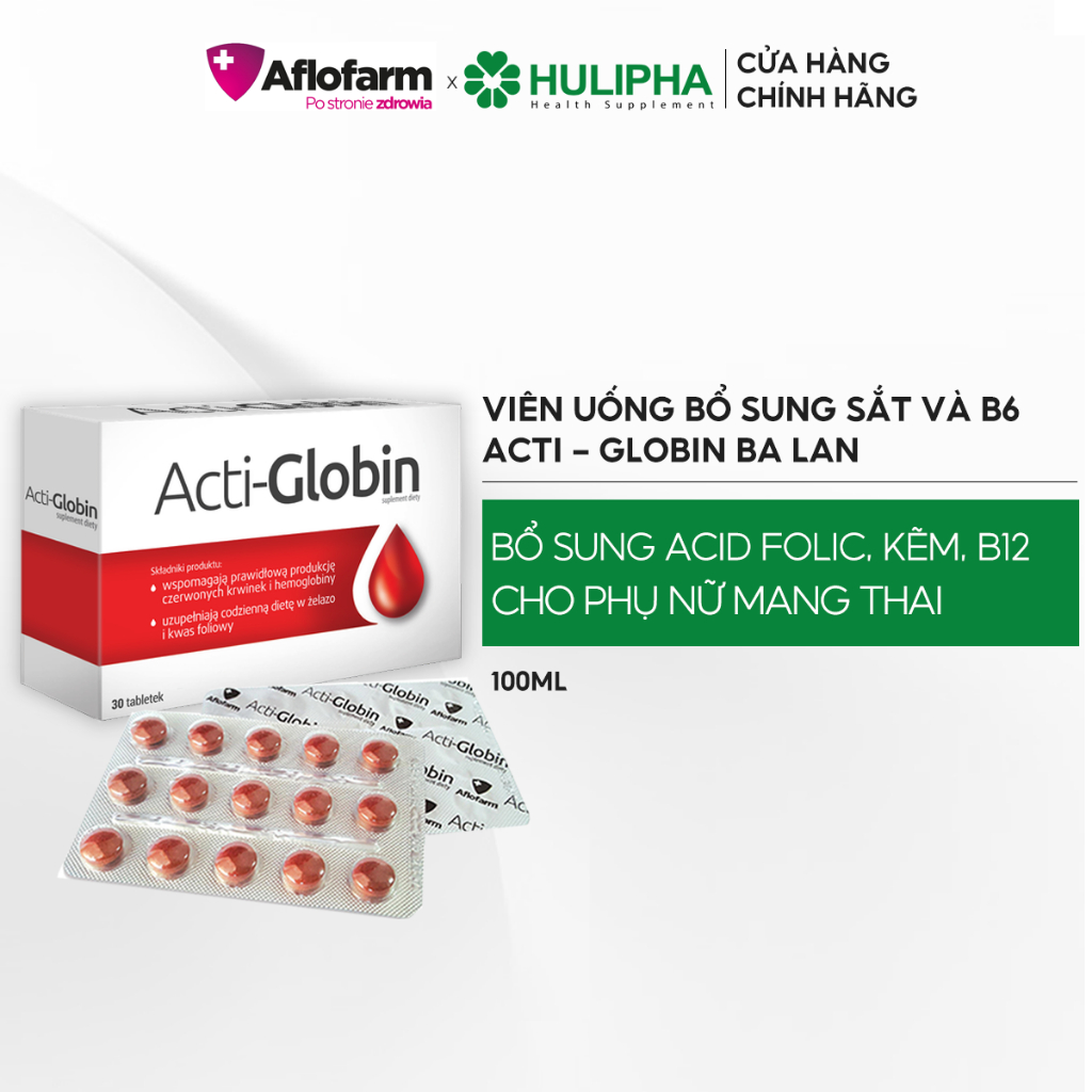 Viên Uống Bổ Sung Sắt Acti-Globin AFLOFARM Cho Bà Bầu, Phòng Thiếu Máu Thiếu Sắt Hộp 30 Viên