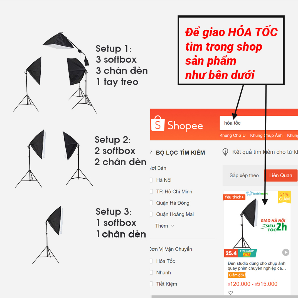 Bộ đèn studio chụp ảnh, quay phim, Livestream chuyên nghiệp, cao 2m softbox 50x70cm