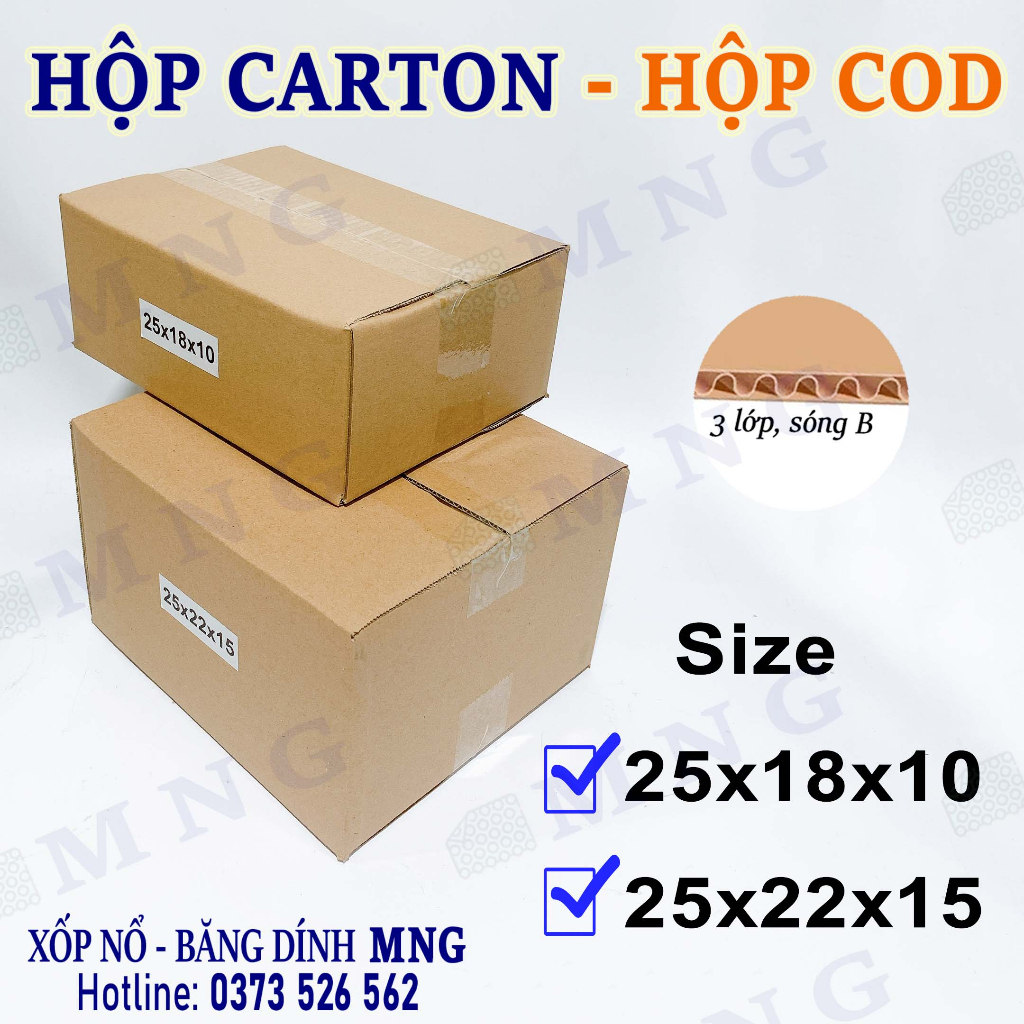 Hộp carton đóng gói hàng size 25x18x10, 25x22x15