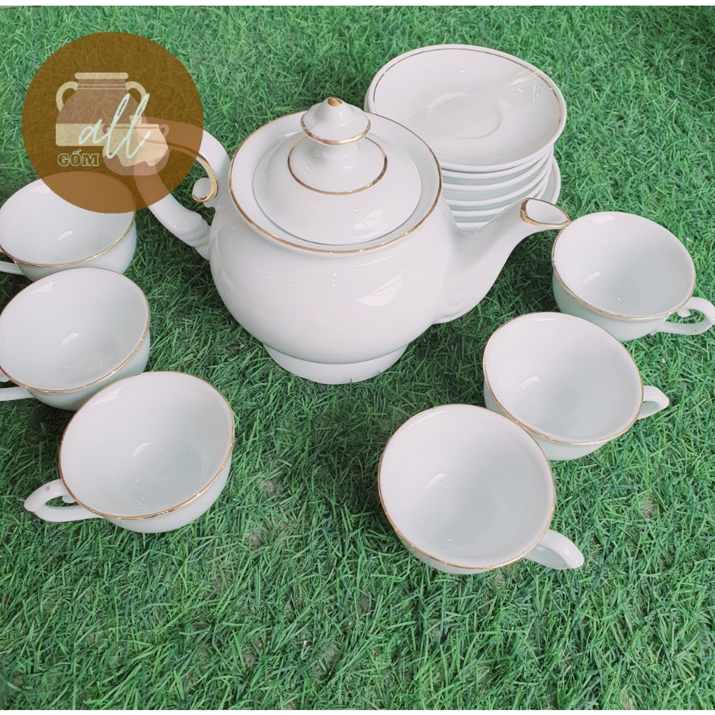 Bộ ấm chén trắng trơn dáng phú quý/bưởi cành/minh long/chóp lửa vẽ vàng kim sứ Bát Tràng cao cấp