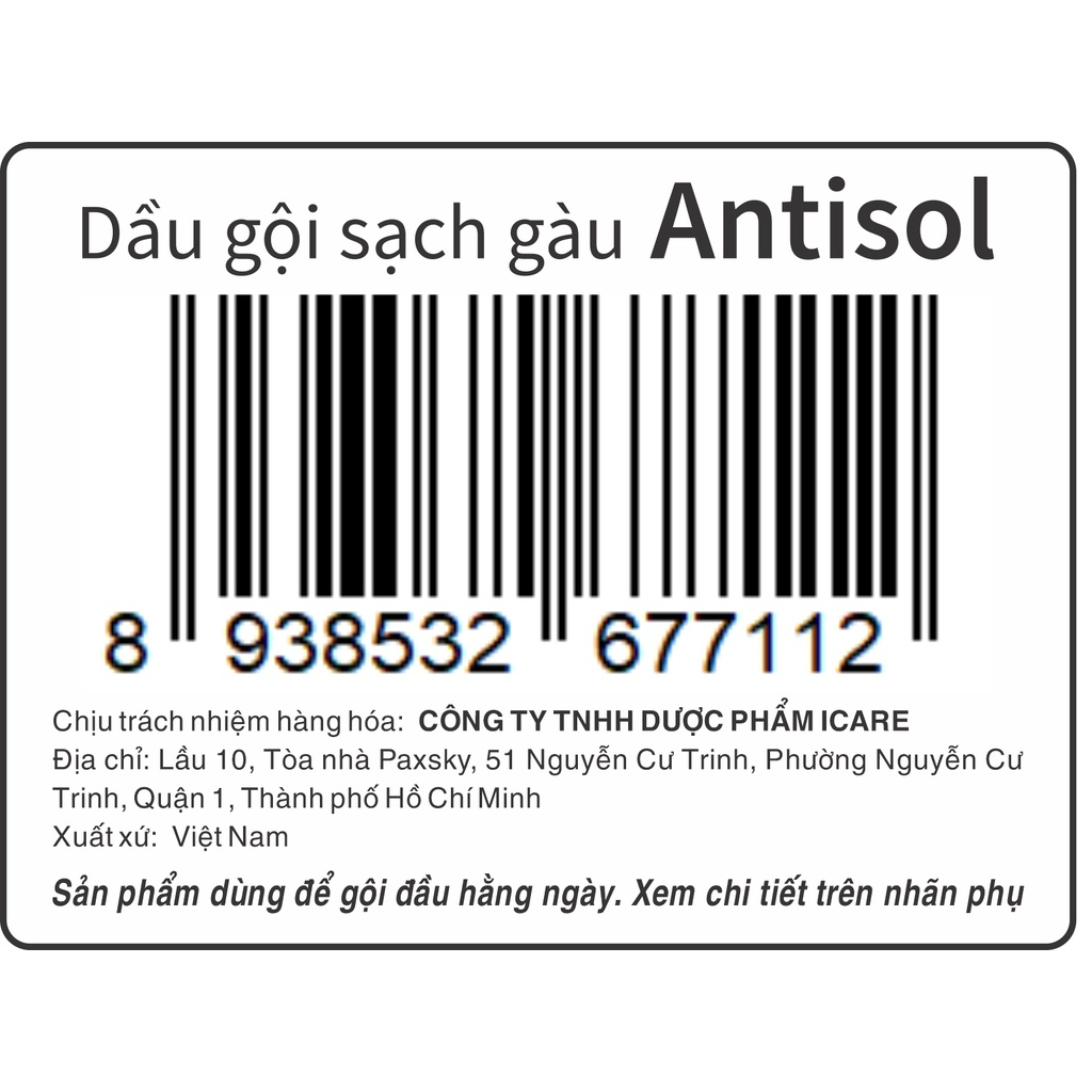 Dầu Gội iCare Pharma Antisol Sạch Gàu Chiết Xuất Dược Liệu Sạch Gàu, Giảm Ngứa, Chống Rụng, Không G Khô Tóc 240ml