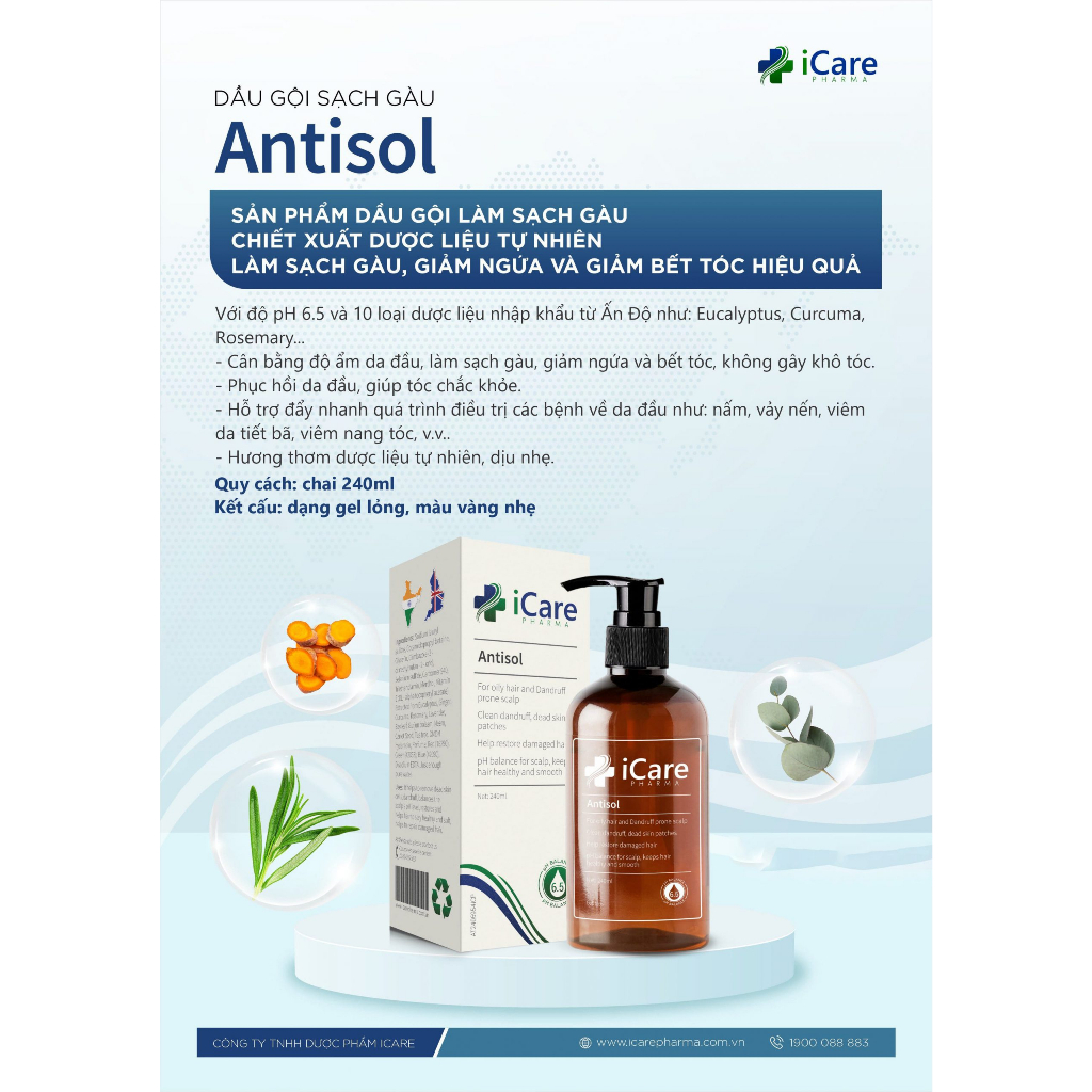 Dầu Gội iCare Pharma Antisol Sạch Gàu Chiết Xuất Dược Liệu Sạch Gàu, Giảm Ngứa, Chống Rụng, Không G Khô Tóc 240ml