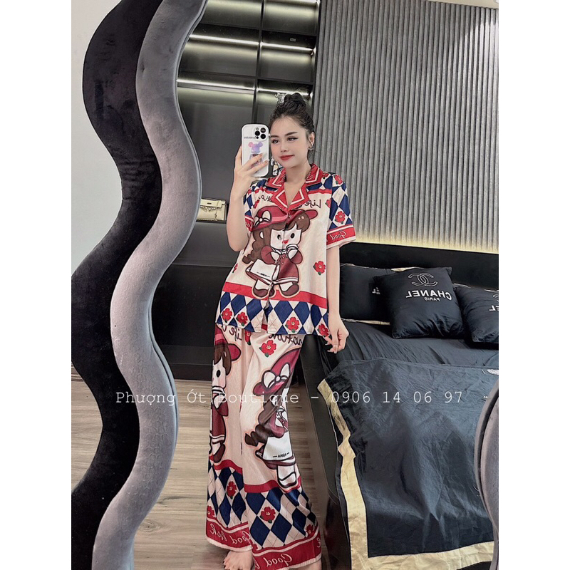 Đồ pijama lụa xước cộc tay cô gái đỏ chuẩn nhà Sam