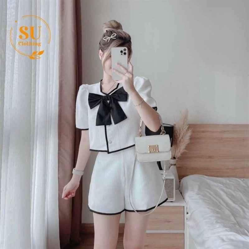 Set đồ mẹ và bé gái áo đính nơ quần phối viền