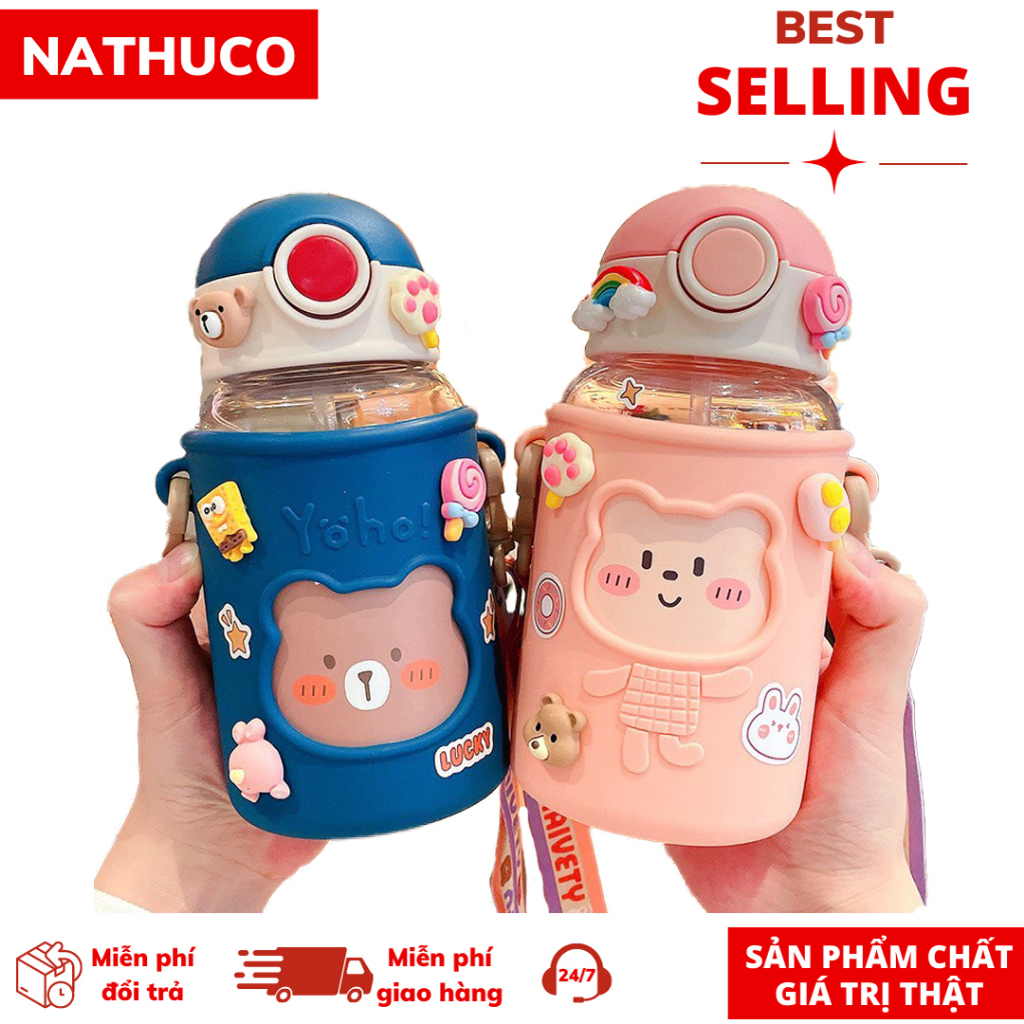 Bình Nước 620ml Cho Bé Có Dây Đeo Bọc Silicon Tặng Kem Sticker