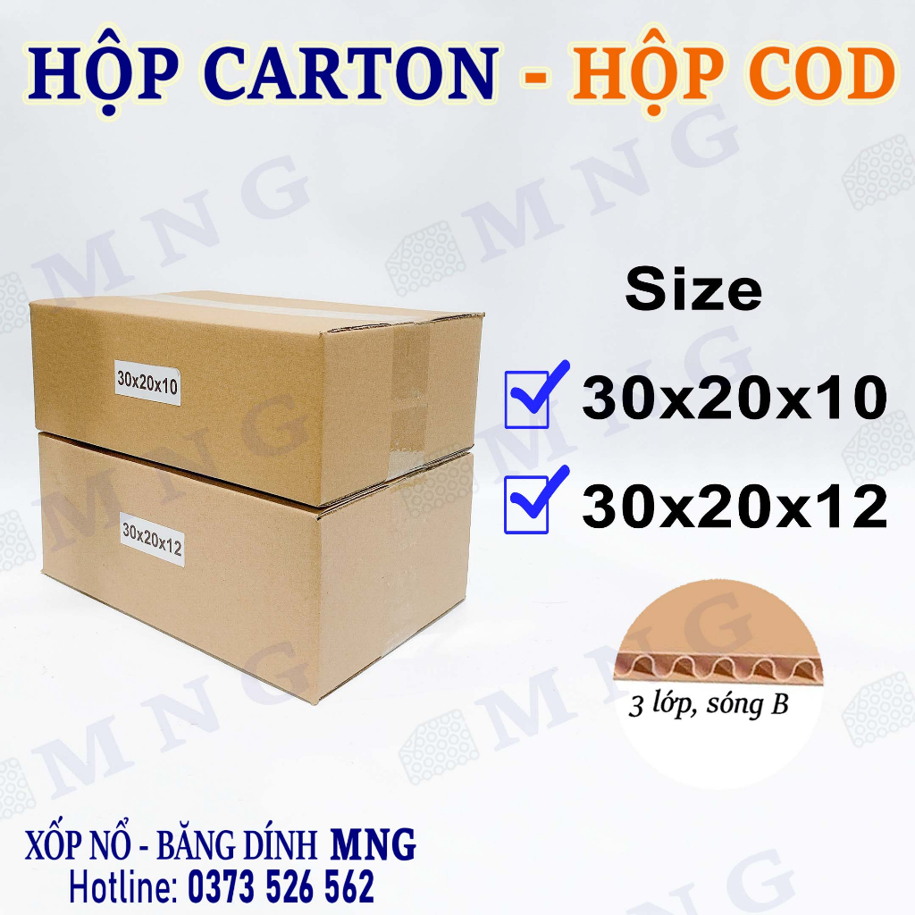 Hộp carton đóng gói hàng size 30x20x10, 30x20x12