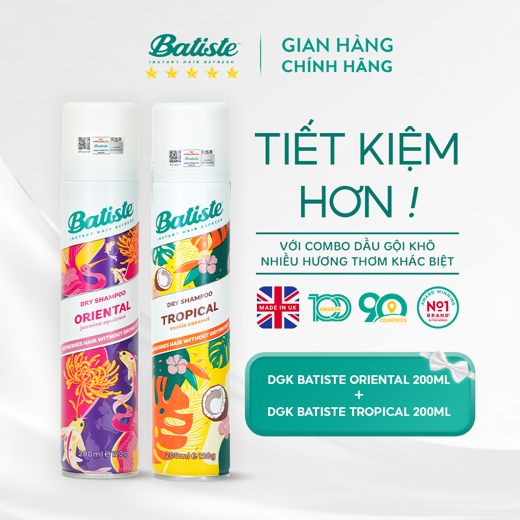 Combo 2 Chai Dầu Gội Khô Batiste Hương Á Đông Oriental 200ml Và Hương Nhiệt Đợi Tropical 200ml Cho Tóc Bồng Bềnh Hết Bết