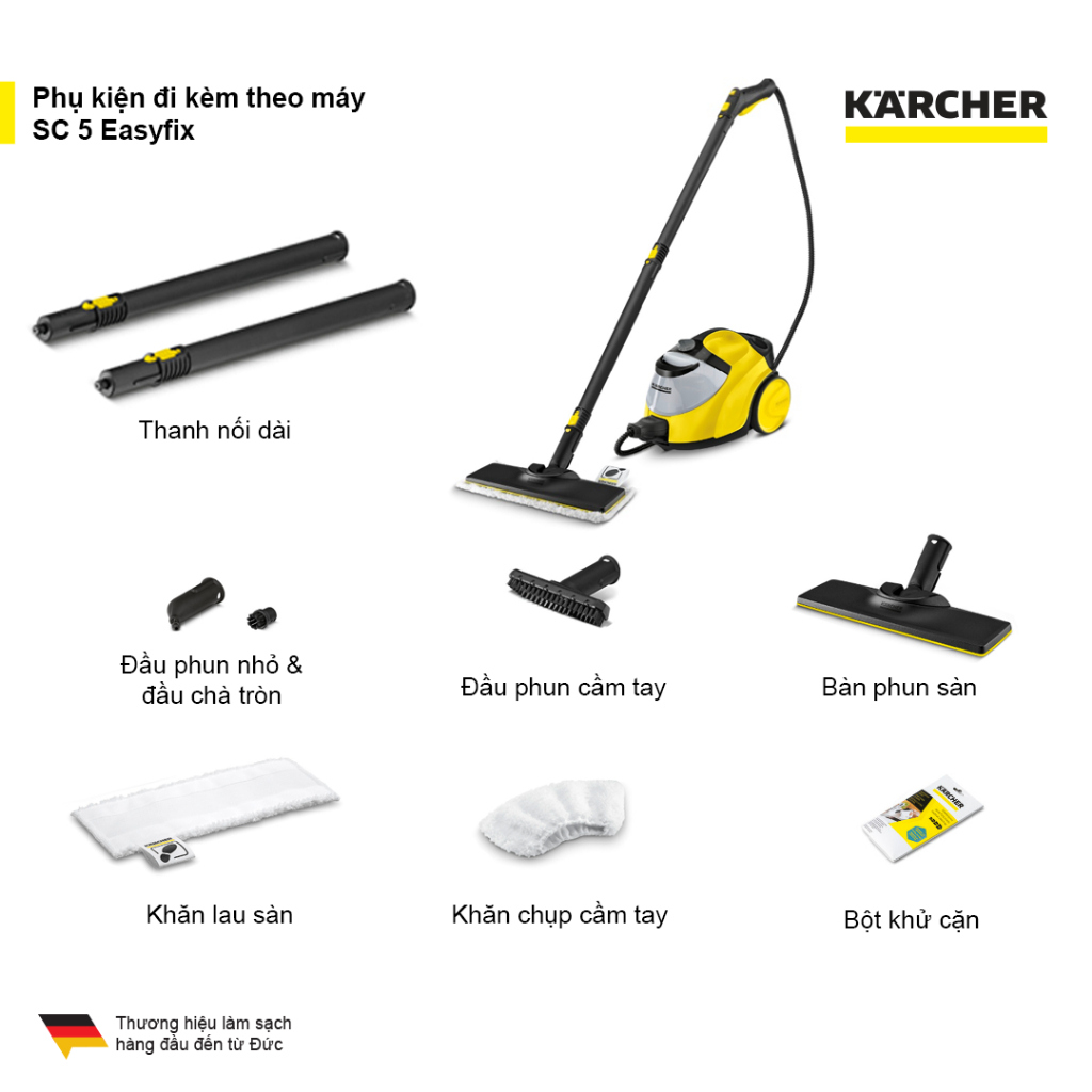 (Sản xuất Đức) Máy làm sạch bằng hơi nước Karcher SC 5 Easyfix EU công suất nhiệt 2200w với hiệu quả làm sạch 150 m2