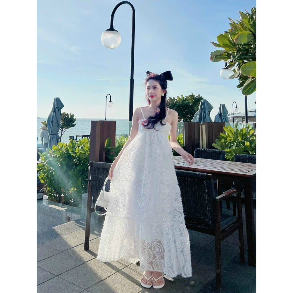 Đầm Maxi Đi Biển Dáng Dài, Đầm Bầu Suông Rộng Vải Ren Hoa Nổi , Hàng Đẹp, Freesize Dưới 55kg