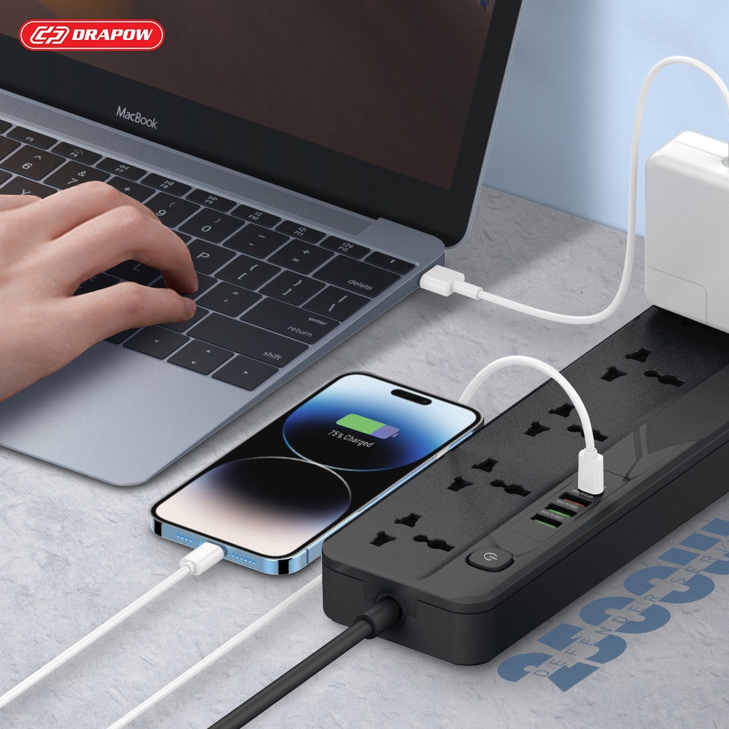 Ổ điện đa năng SK29 5 ổ cắm 220v kèm 1 sạc nhanh PD và 3 cổng USB A chính hãng Drapow
