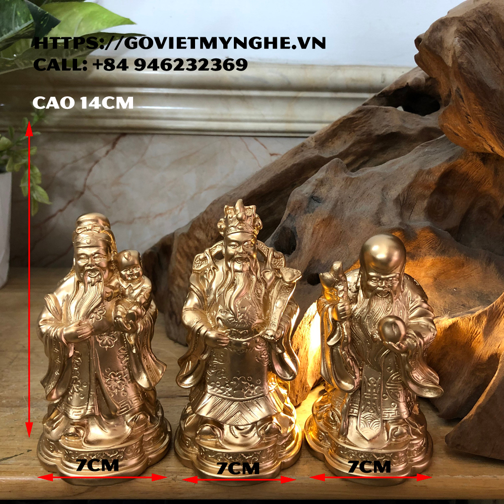 Tượng đá trang trí phong thủy tượng đá bộ ba ông Phúc Lộc Thọ - Chiều cao 14cm - Màu nhũ đồng