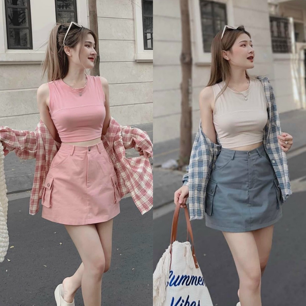 Set đầm váy nữ áo ba lỗ kèm khoác sơ mi mix chân váy túi hộp xinh xắn, năng động dành cho các nàng đi chơi,hẹn hò .