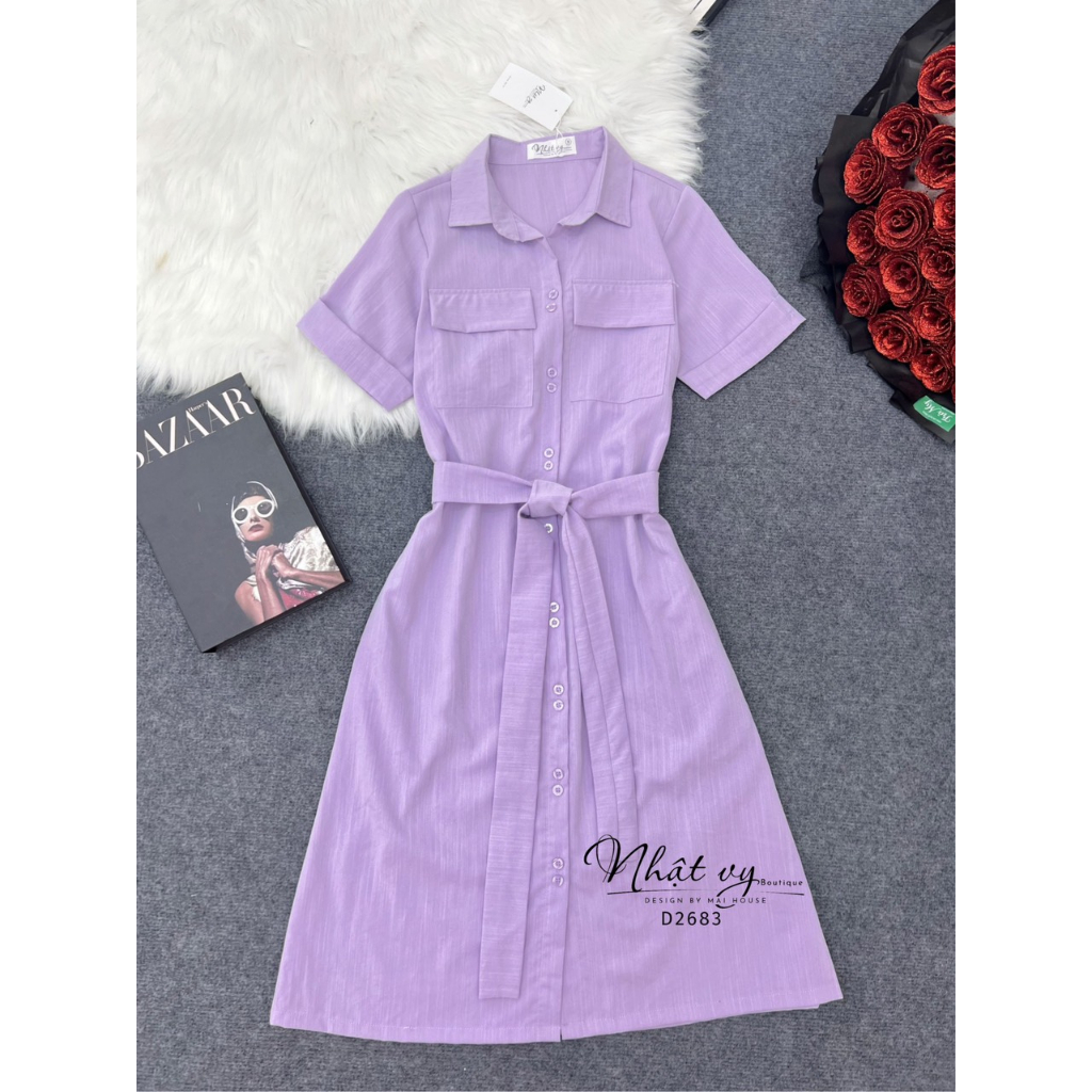 Đầm váy bầu MAIHOUSE cổ sơ mi dáng suông phối dây thắt eo cài cúc đôi có túi chất thun xướt màu tím, đen - D2683