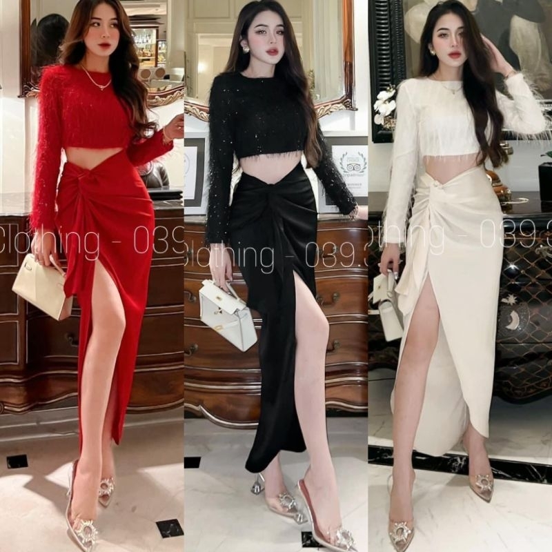 Set áo lông vũ có lót kèm chân váy body đũi lụa xẻ tà dự tiệc siêu sang chảnh (Set trang phục đẹp mê ly💯)