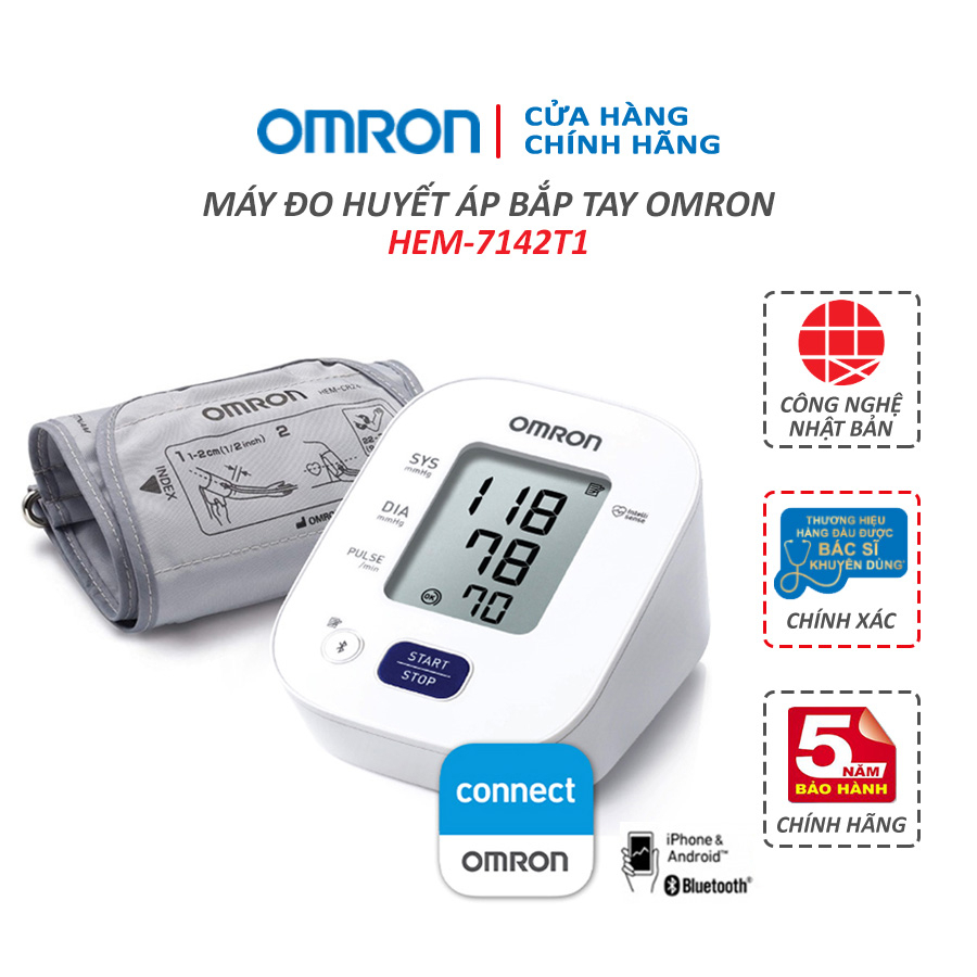 Máy đo huyết áp tư động bắp tay OMRON HEM-7142T1 - Thương hiệu Nhật Bản - Bảo hành 5 năm, kết nối Bl