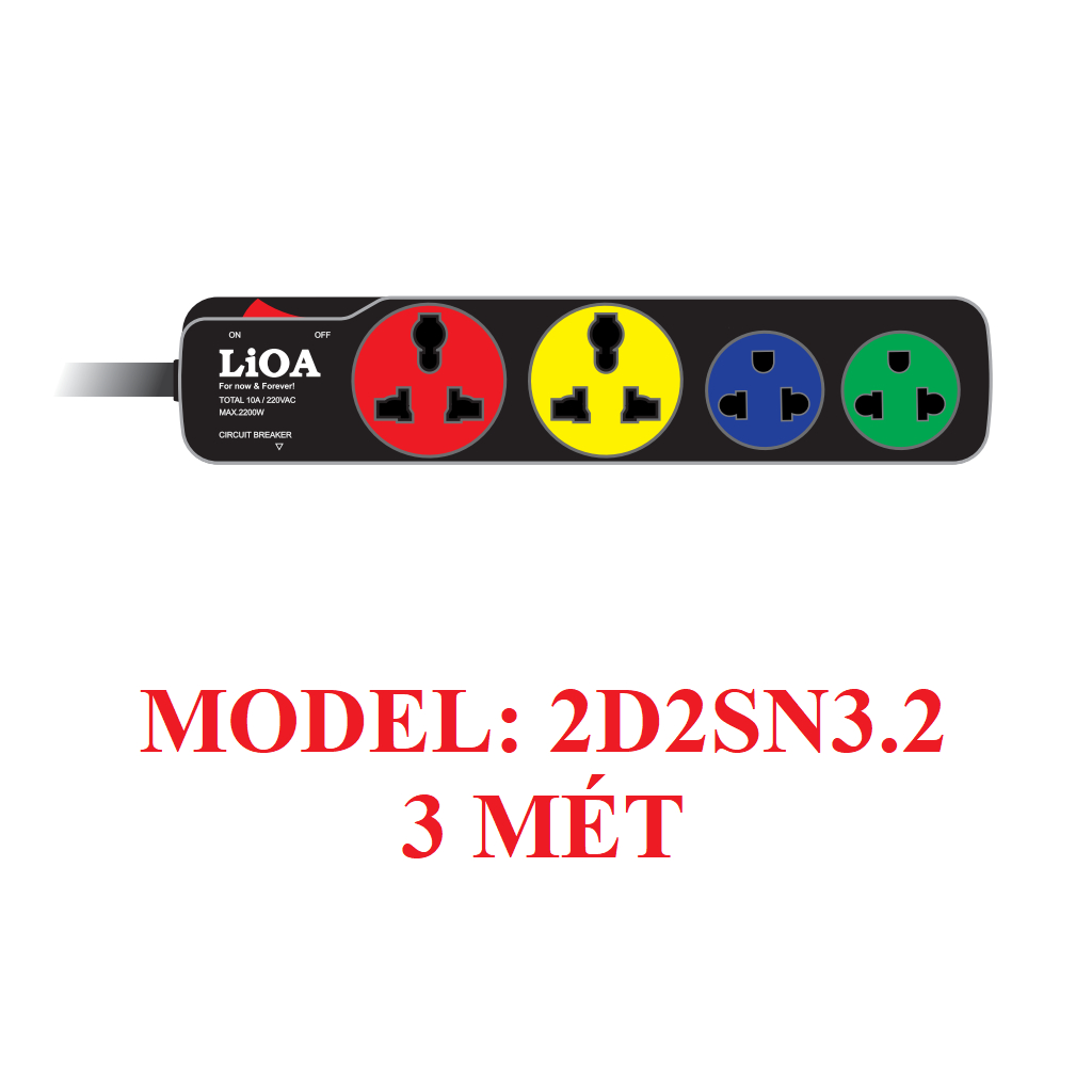 Ổ cắm điện Lioa 4 ổ đa năng kết hợp 3m hoặc 5m công suất 2200W (2D2S hoặc 2D2SN) Màu đen - Thế hệ mới