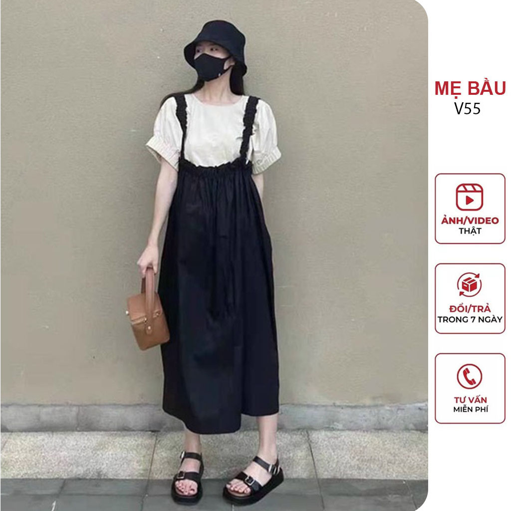 SET VÁY YẾM BẦU DÁNG DÀI FORM RỘNG CỘC TAY BO CHUN KÈM ÁO THUN COTTON - ĐẦM BẦU BABYDOLL THỜI TRANG CÔNG SỞ ĐẸP
