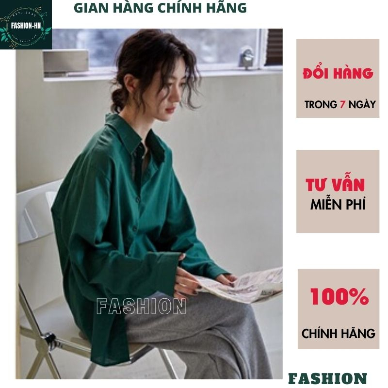 Áo sơ mi dáng rộng dài tay màu xanh cổ vịt chuẩn Vintage cho nàng phong cách đơn giản basic ulzang Hàn Quốc FASHION