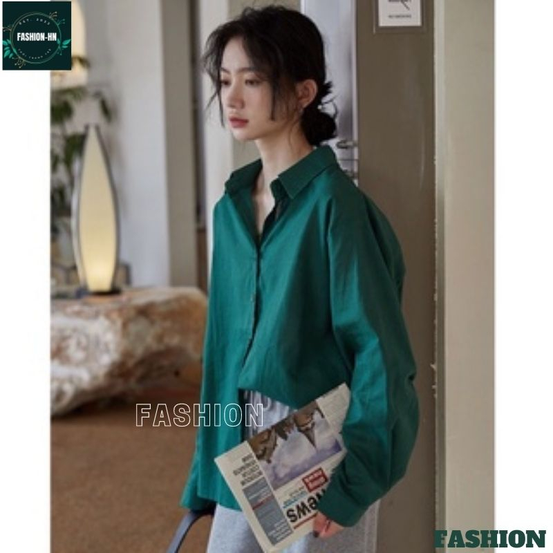 Áo sơ mi dáng rộng dài tay màu xanh cổ vịt chuẩn Vintage cho nàng phong cách đơn giản basic ulzang Hàn Quốc FASHION
