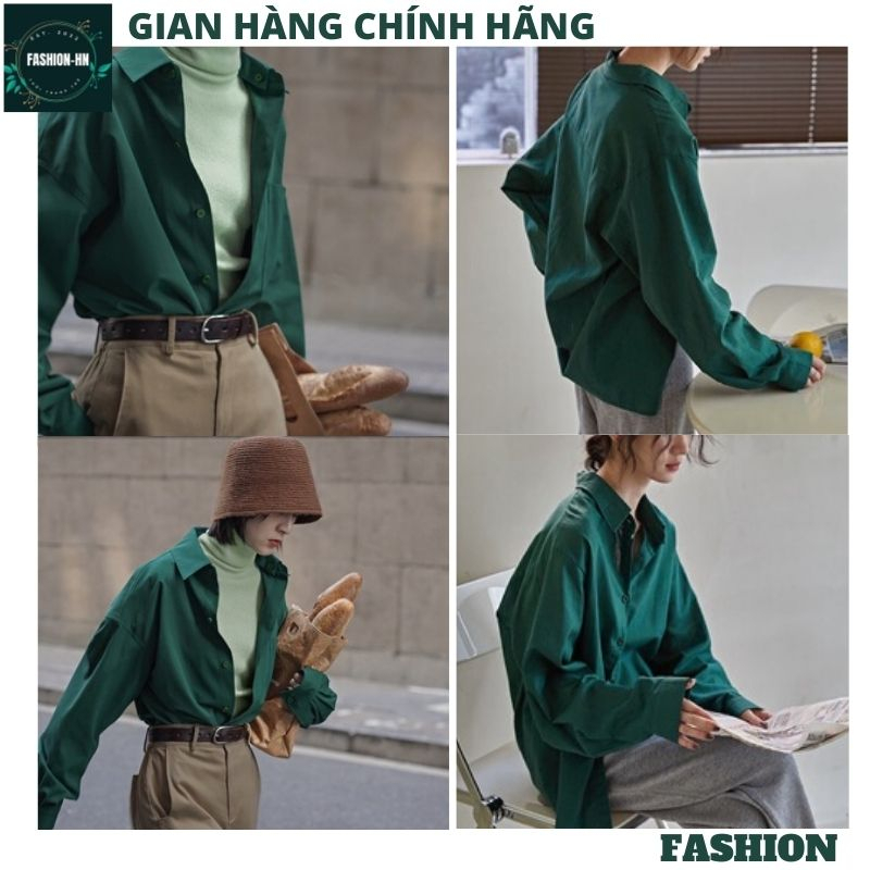 Áo sơ mi dáng rộng dài tay màu xanh cổ vịt chuẩn Vintage cho nàng phong cách đơn giản basic ulzang Hàn Quốc FASHION