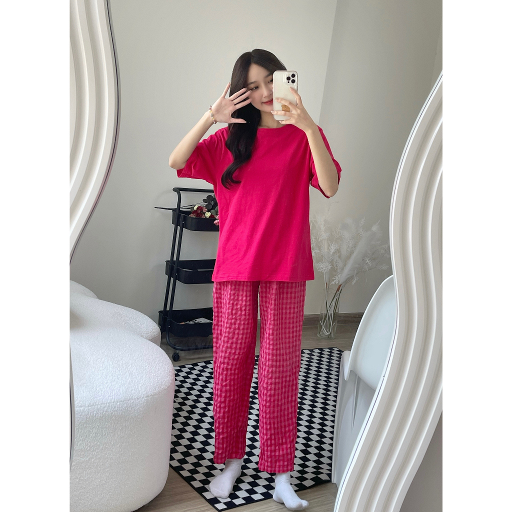 Bộ đồ Nữ Áo thun cotton, Quần kẻ caro dáng baggy, bộ đồ mặc nhà trẻ trung quần dài