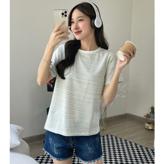 Áo thun kẻ sọc lam, áo thun nữ sọc chất cotton thoáng mát. màu xanh