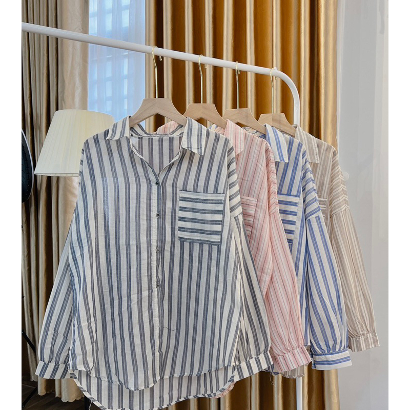 Áo sơmi kẻ sọc Túi chất coton hàn 100% from rộng