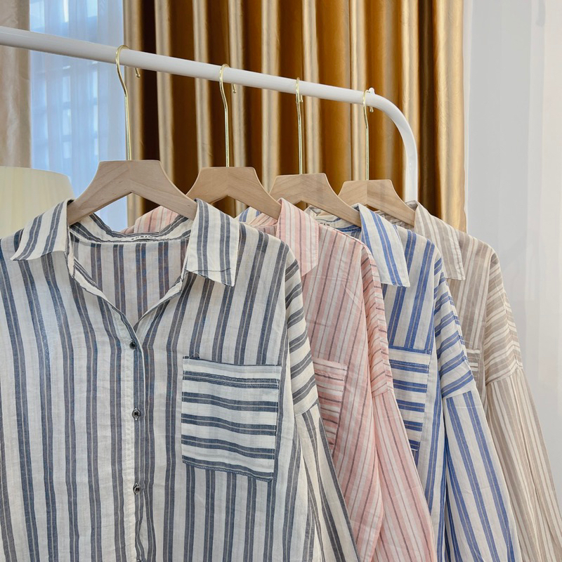 Áo sơmi kẻ sọc Túi chất coton hàn 100% from rộng