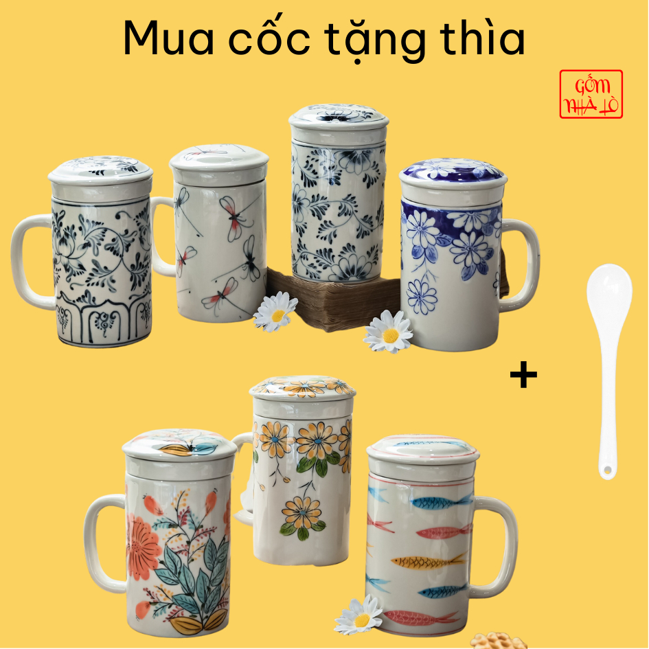 Bộ cốc lọc trà ủ trà cốc cafe cốc uống nước có nắp và quai cầm tặng kèm thìa nhiều hoạ tiết vẽ tay dung tích 300ml