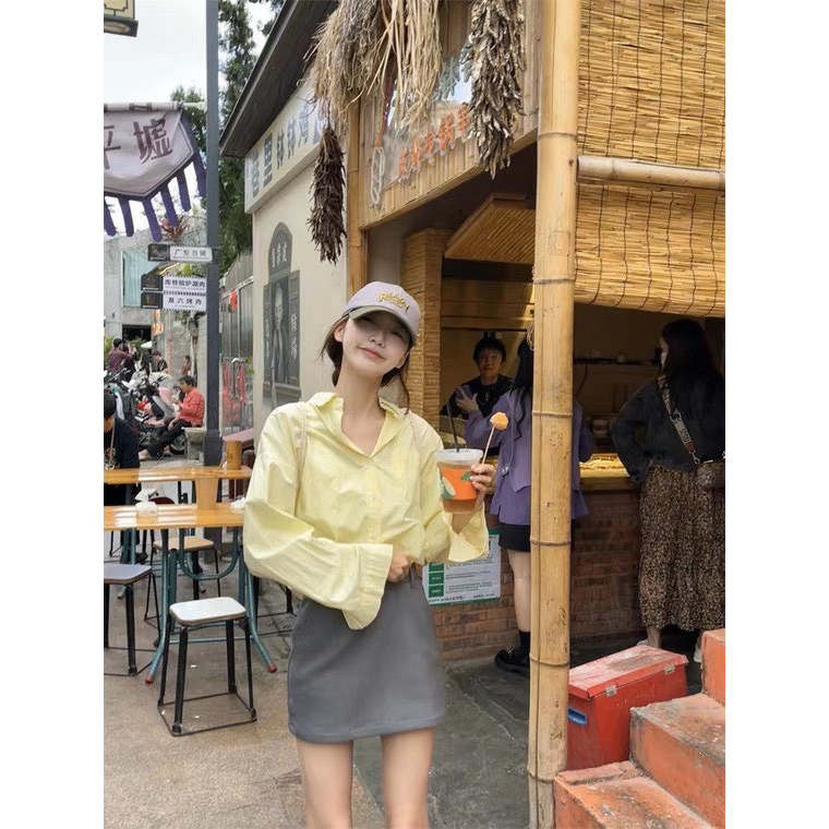 Áo sơ mi nữ tay dài suông rộng màu vàng chanh pastel đơn giản nhẹ nhàng phong cách năng động trẻ trung hàn quốc
