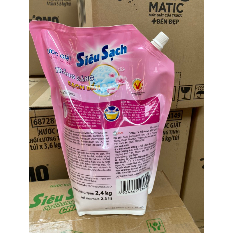 Túi Nước Giặt Lix Siêu Sạch Hương Hoa Anh Đào 2.4Kg - Tẩy Sạch Vết Bẩn Cực Mạnh