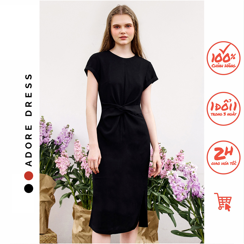 Đầm midi dress lụa đen vặn eo 3ASDR2051 ADORE DRESS