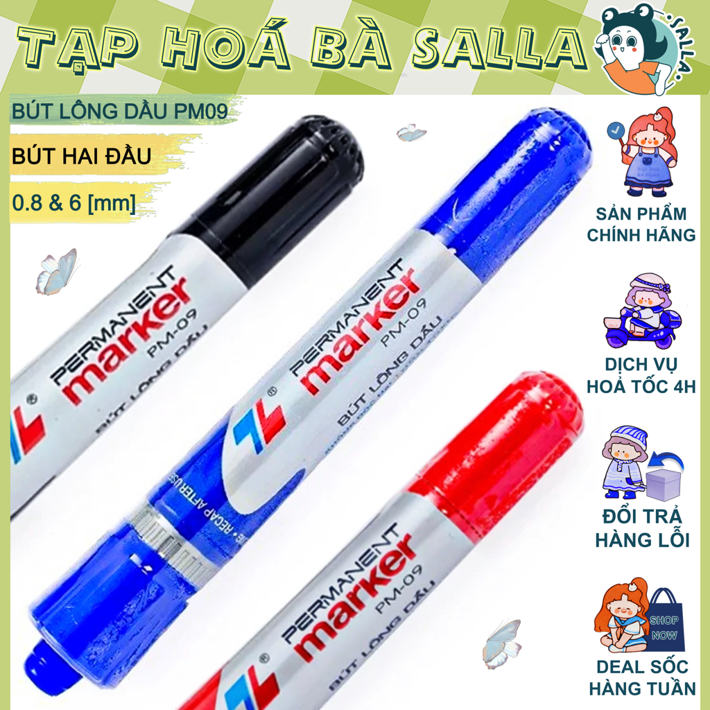 Bút Lông Dầu 2 Đầu PM09 Mực Xanh, Đỏ, Đen