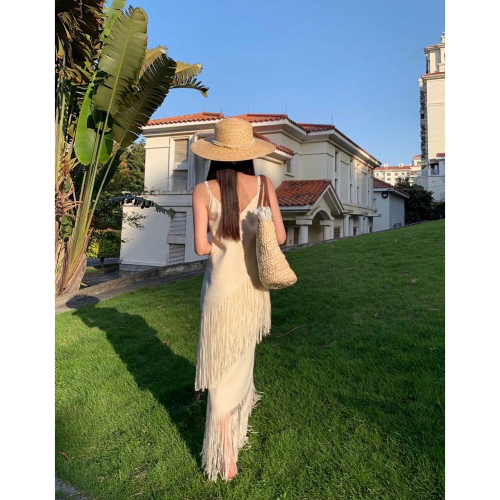Váy maxi 2 dây màu trắng mix tua rua phong cách boho - MS221