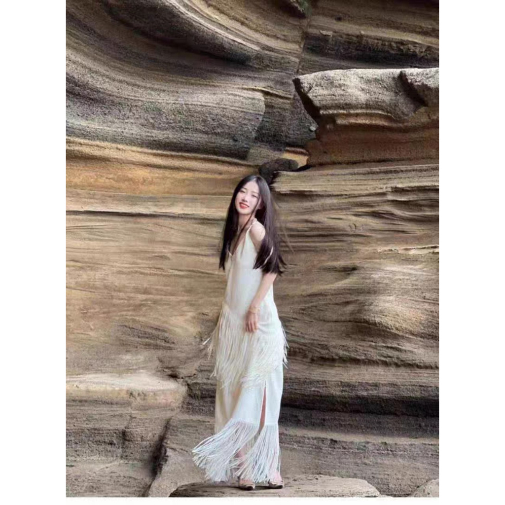 Váy maxi 2 dây màu trắng mix tua rua phong cách boho - MS221