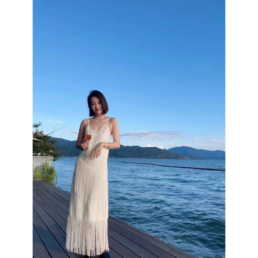 Váy maxi 2 dây màu trắng mix tua rua phong cách boho - MS221