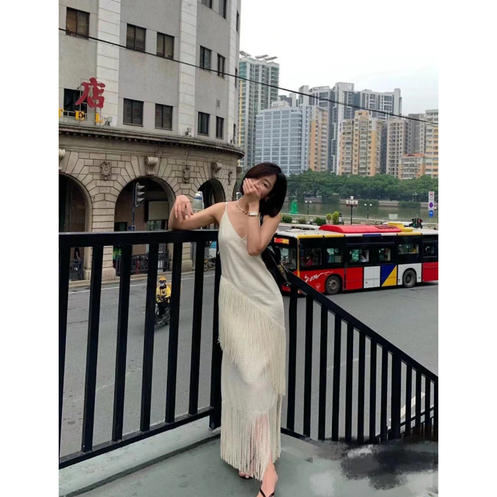 Váy maxi 2 dây màu trắng mix tua rua phong cách boho - MS221