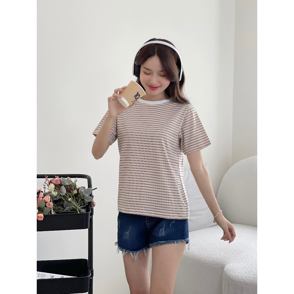 Áo Thun Nữ Kẻ Sọc Ngắn Tay ALICEVN1990. Áo thun nữ Cotton xinh xắn