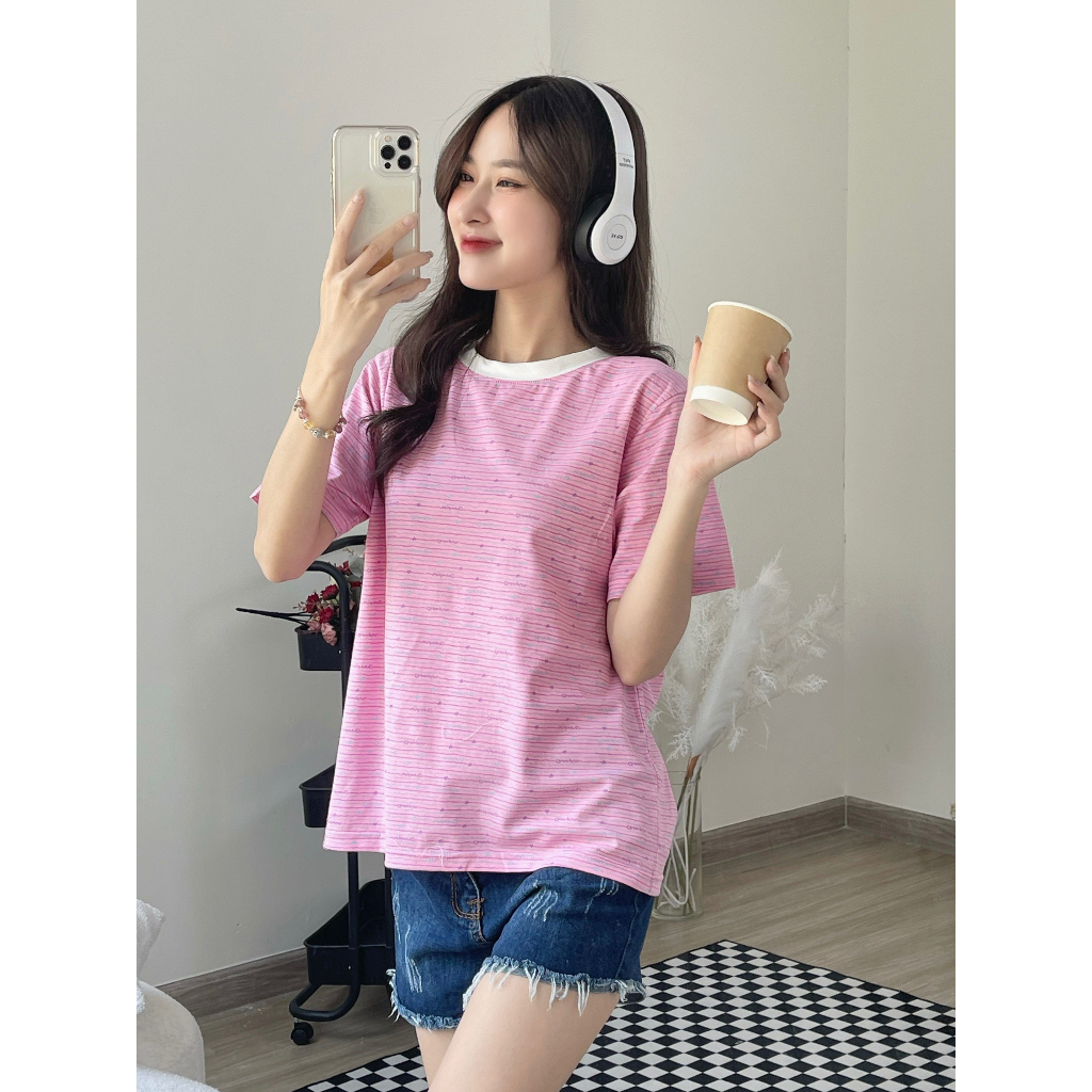 Áo Thun Nữ Kẻ Sọc Ngắn Tay ALICEVN1990. Áo thun nữ Cotton xinh xắn
