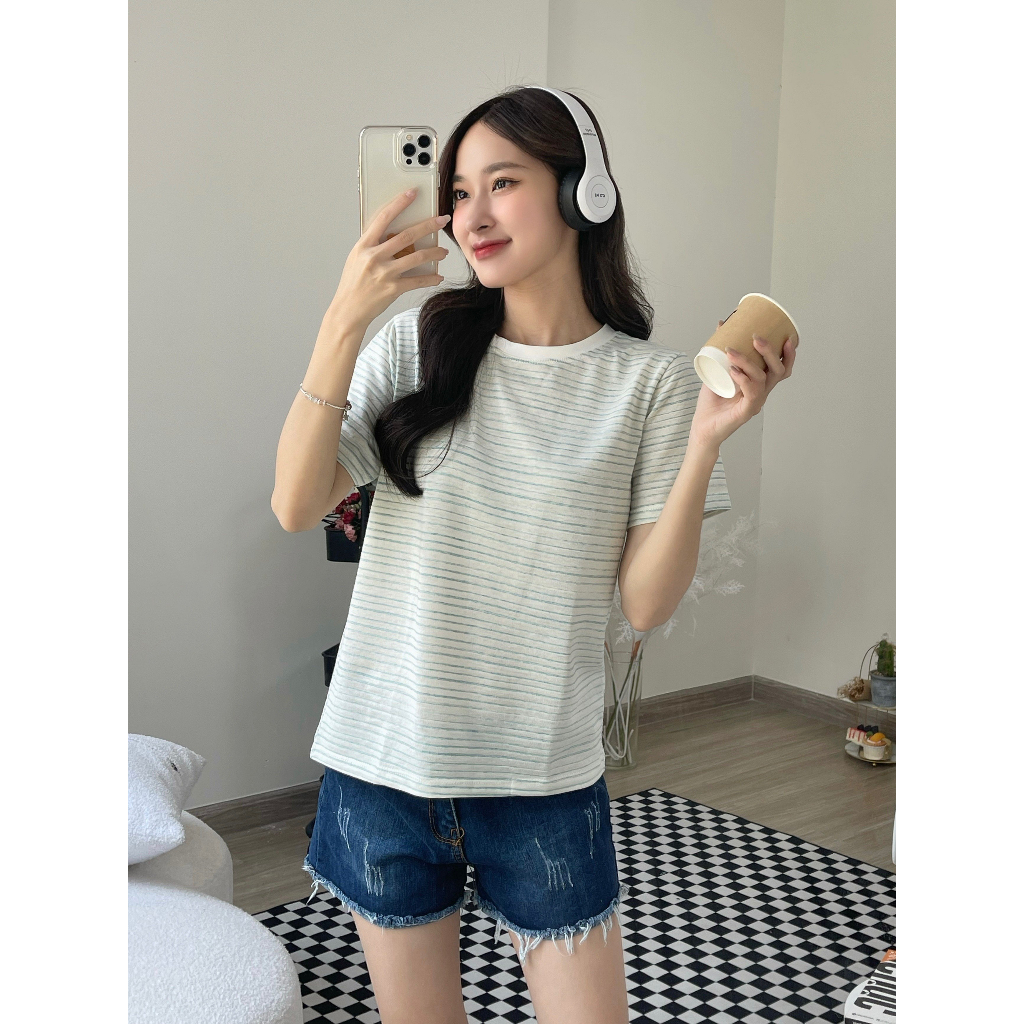 Áo Thun Nữ Kẻ Sọc Ngắn Tay ALICEVN1990. Áo thun nữ Cotton xinh xắn