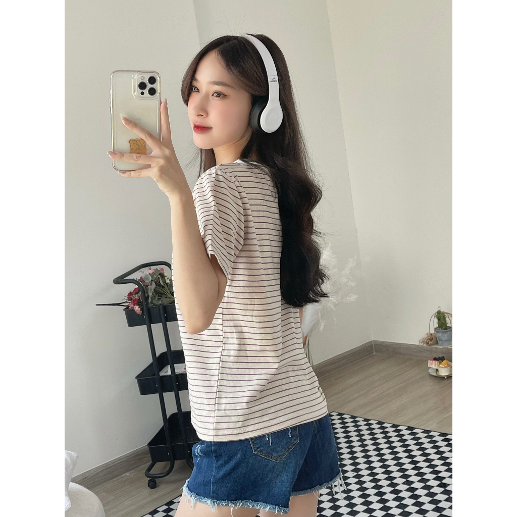 Áo Thun Nữ Kẻ Sọc Ngắn Tay ALICEVN1990. Áo thun nữ Cotton xinh xắn