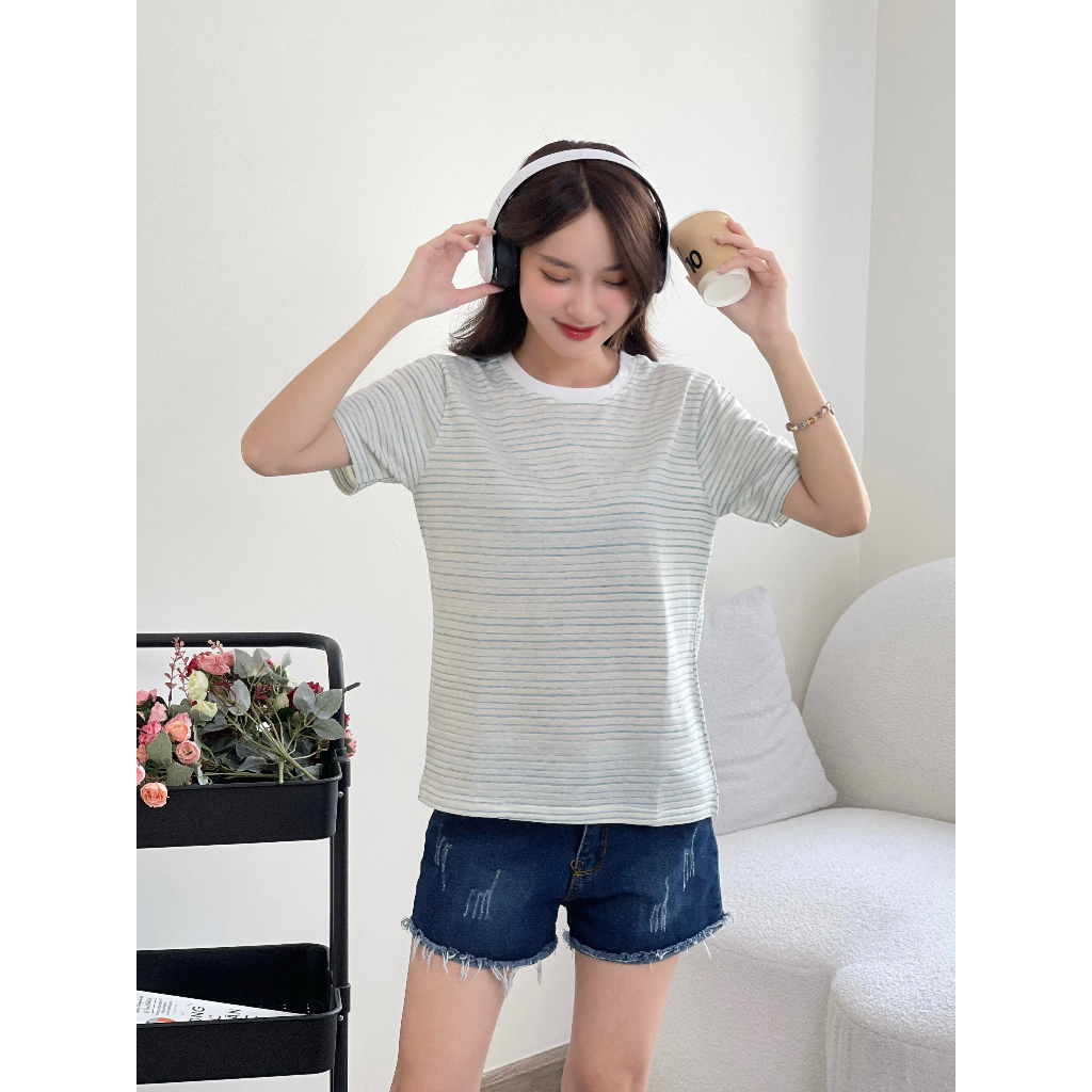 Áo Thun Nữ Kẻ Sọc Ngắn Tay ALICEVN1990. Áo thun nữ Cotton xinh xắn