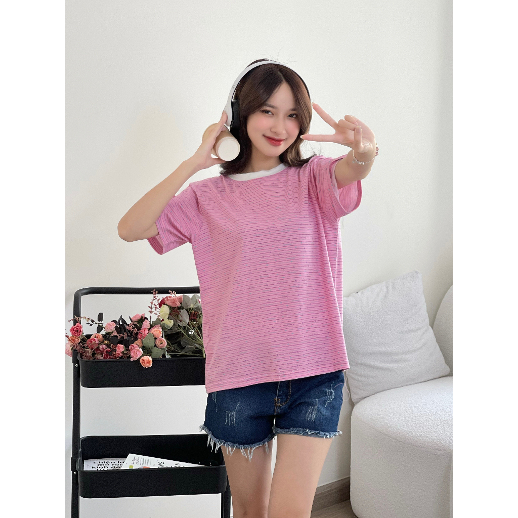Áo Thun Nữ Kẻ Sọc Ngắn Tay ALICEVN1990. Áo thun nữ Cotton xinh xắn