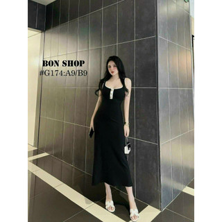 Đầm 2 dây viền màu trắng đính nút - chất thun gân dáng dài siêu xinh sexy kì hack dáng đi chơi - dạo phố