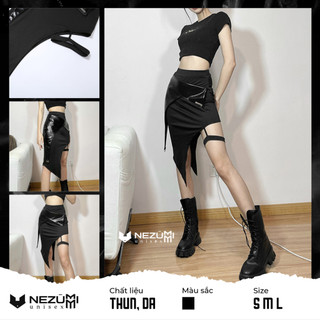   Sẵn S M L_Ảnh thật  Chân váy ngắn phối da vạt chéo nối choker đùi sexy cá tính 
