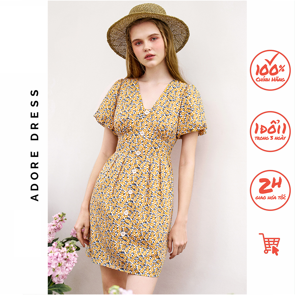 Đầm mini dress thô in họa tiết hoa nhí vàng nền be 3ASDR1143 ADORE DRESS