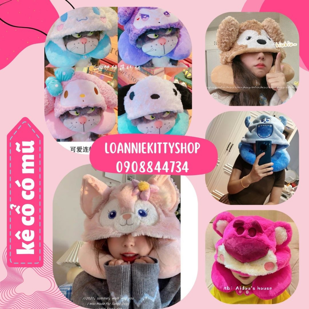 HÀNG CÓ SẴN >> LOẠI 1 MŨ TO CHE ĐC MẮT >> gối cổ có mũ trùm Gấu dâu ,Cáo hồng,Hellokitty