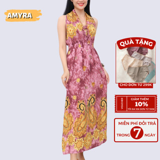 Váy maxi đi biển mùa hè xẻ tà vải lanh thái AMYRA - Đầm maxi đi biển hơ lưng lanh cao cấp trung niên cho mẹ Mx052