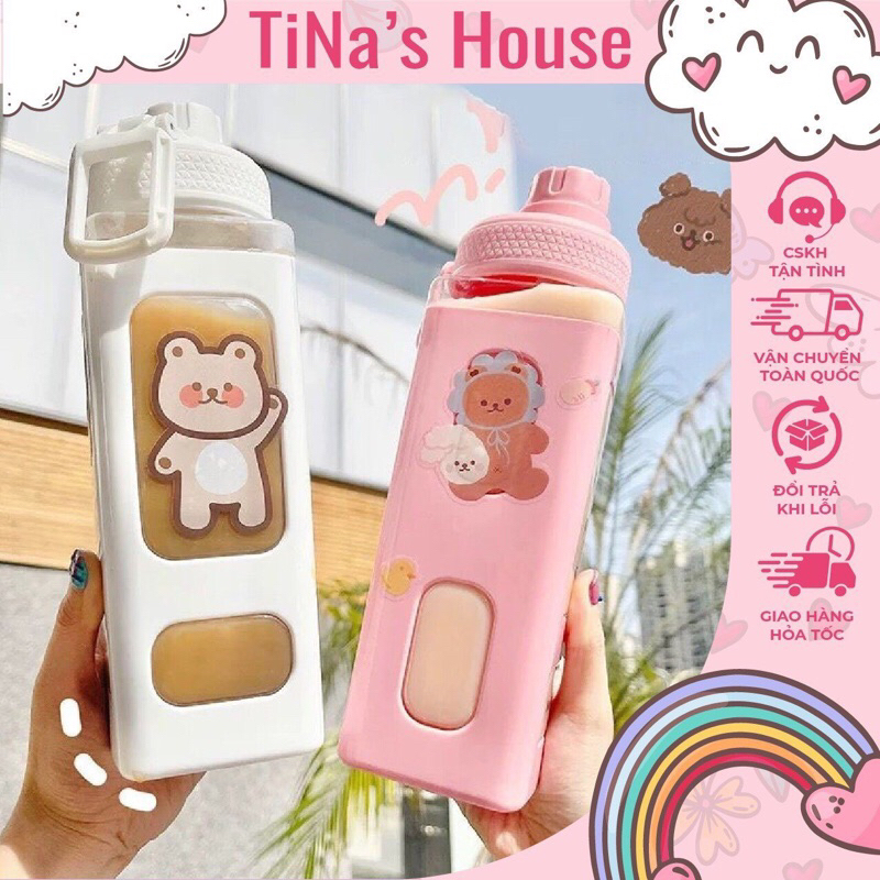Bình nước nhựa hình vuông có nắp và ống hút kèm Sticker dễ thương 700ml, 1 lít - TiNa’s House