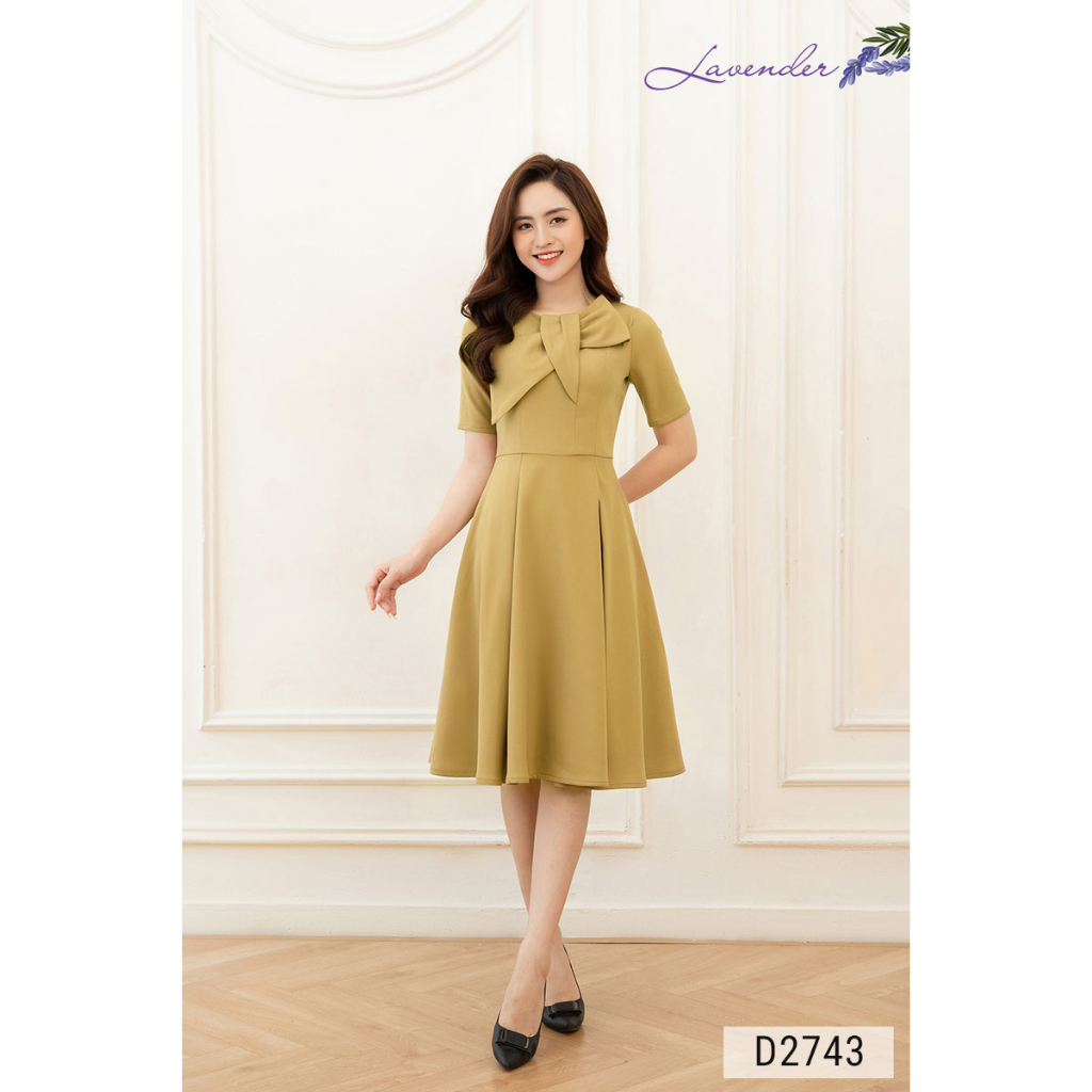 Đầm công sở thiết kế LAVENDER FASHION vàng cốm dáng xòe nơ ngực D2743
